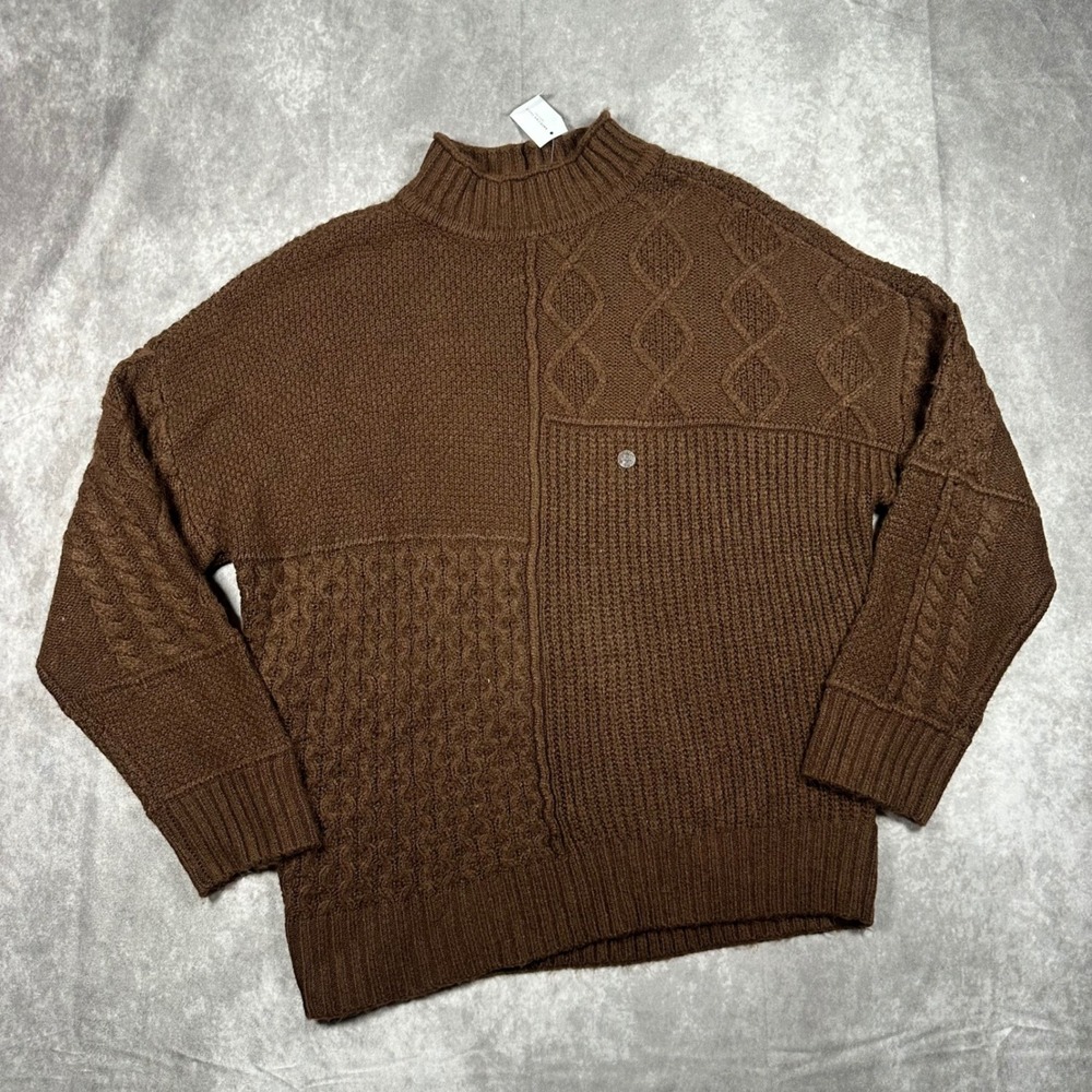 NWT‎ American Eagle Womens L Brown Patchwork Cable Knit Mock Neck Sweater Chic